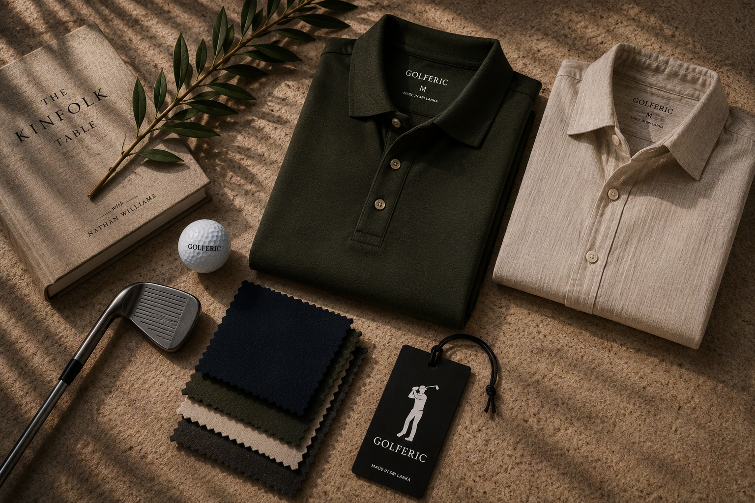 Folded Golferic polo and linen shirt with fabric swatches, golf details, and hang tag
