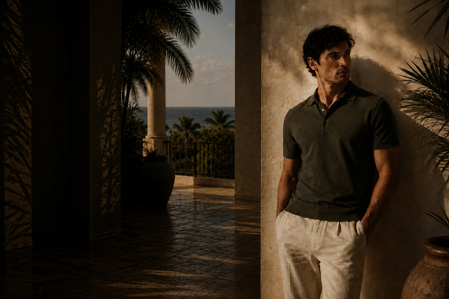 Golferic model wearing an olive polo on a dark coastal terrace