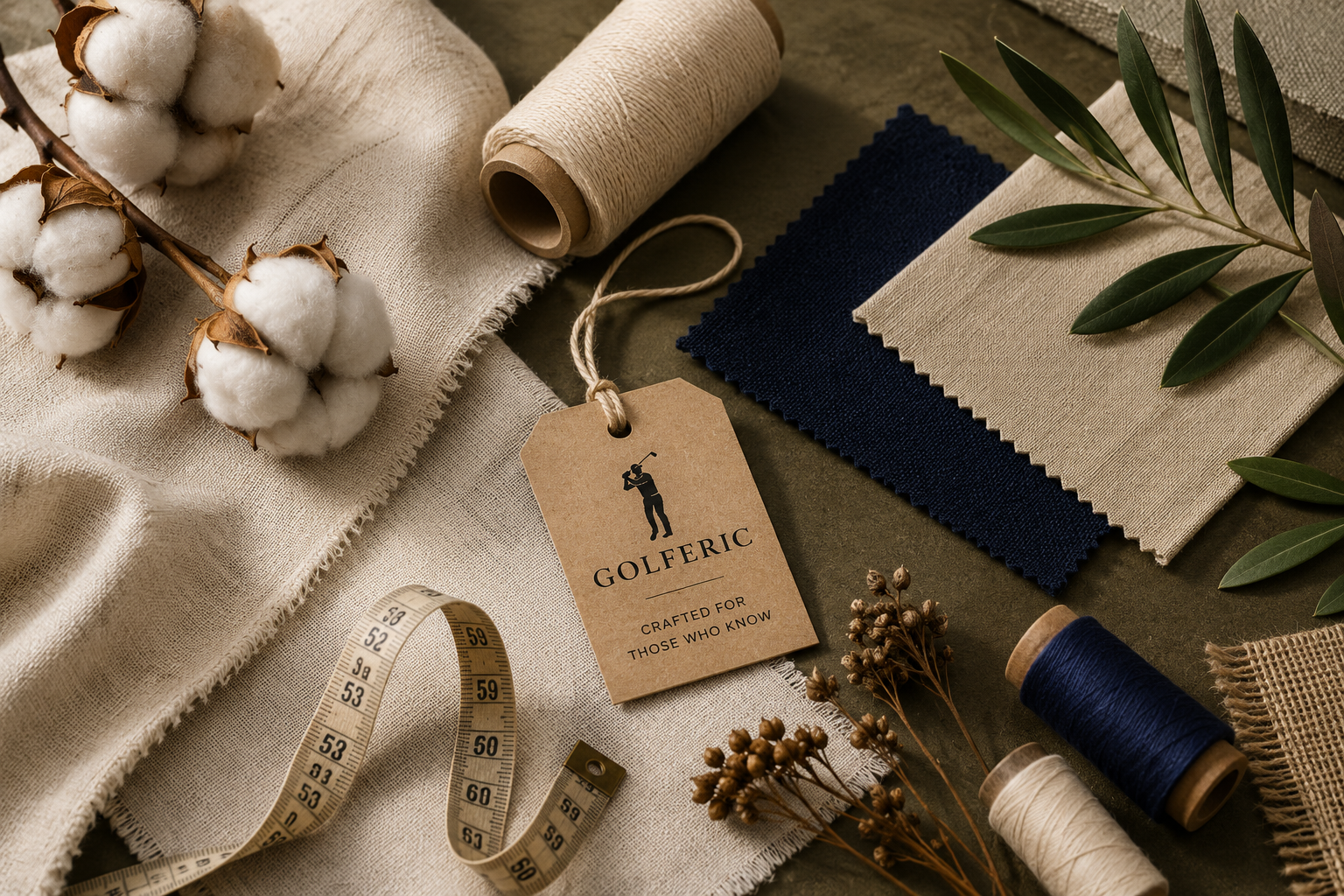 Natural cotton, linen fabrics, navy swatch, thread, olive leaves, and Golferic hang tag for sustainability