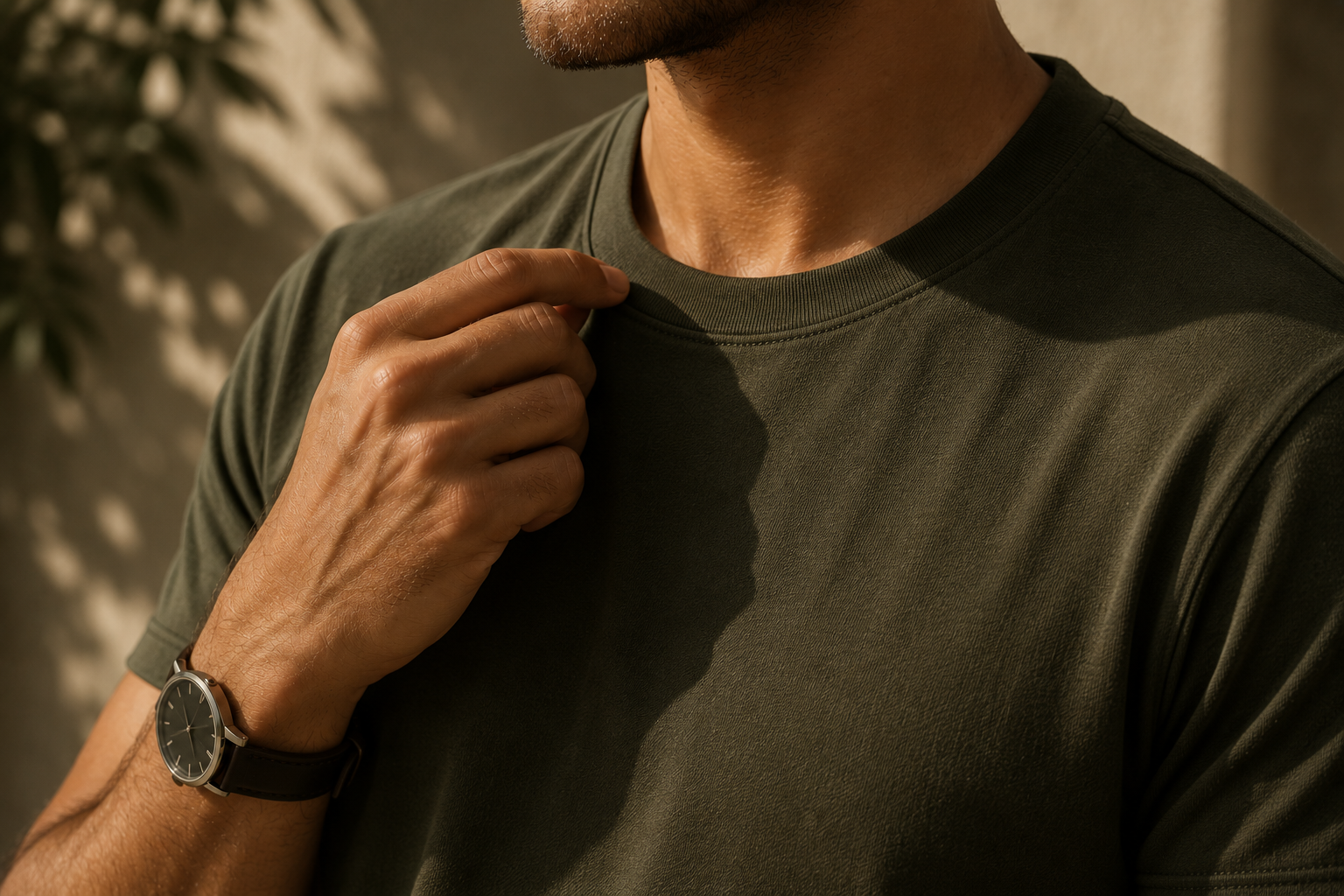 Close-up of a model wearing an olive Golferic T-shirt showing premium fabric texture